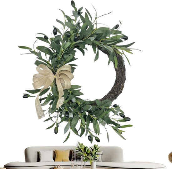 Kunstmatige Olijftakken Deurkrans UV Bestendig, Lente Deur Kran voor Binnen en Buiten, Realistische Olijfblad Krans Rustieke Stijl, Decoratieve Krans voor Woonkamer of Voordeur