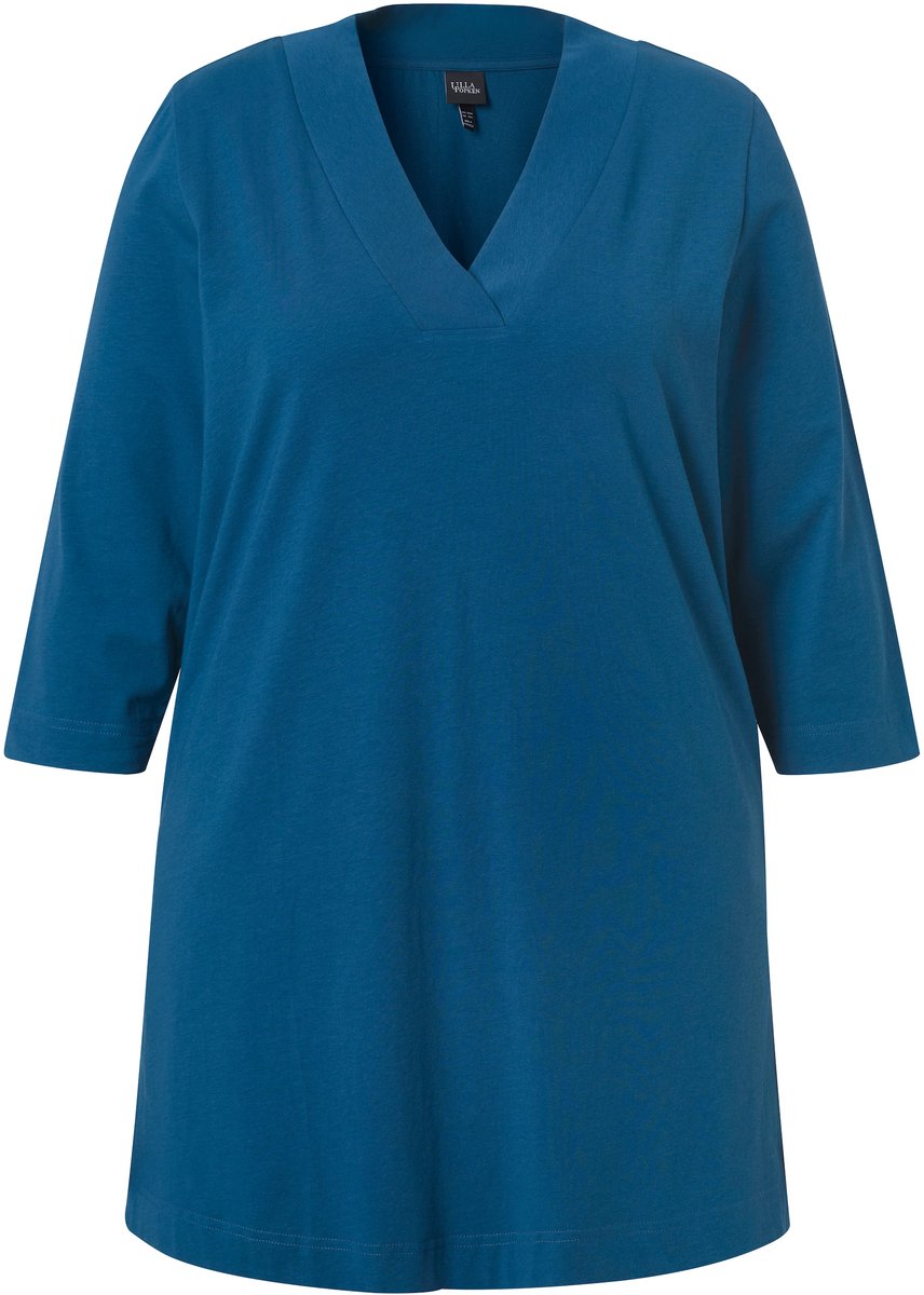 Ulla Popken - Dames - Longshirt A-lijn V-hals 3/4-mouwen - Petrolblauw - Maat 46+