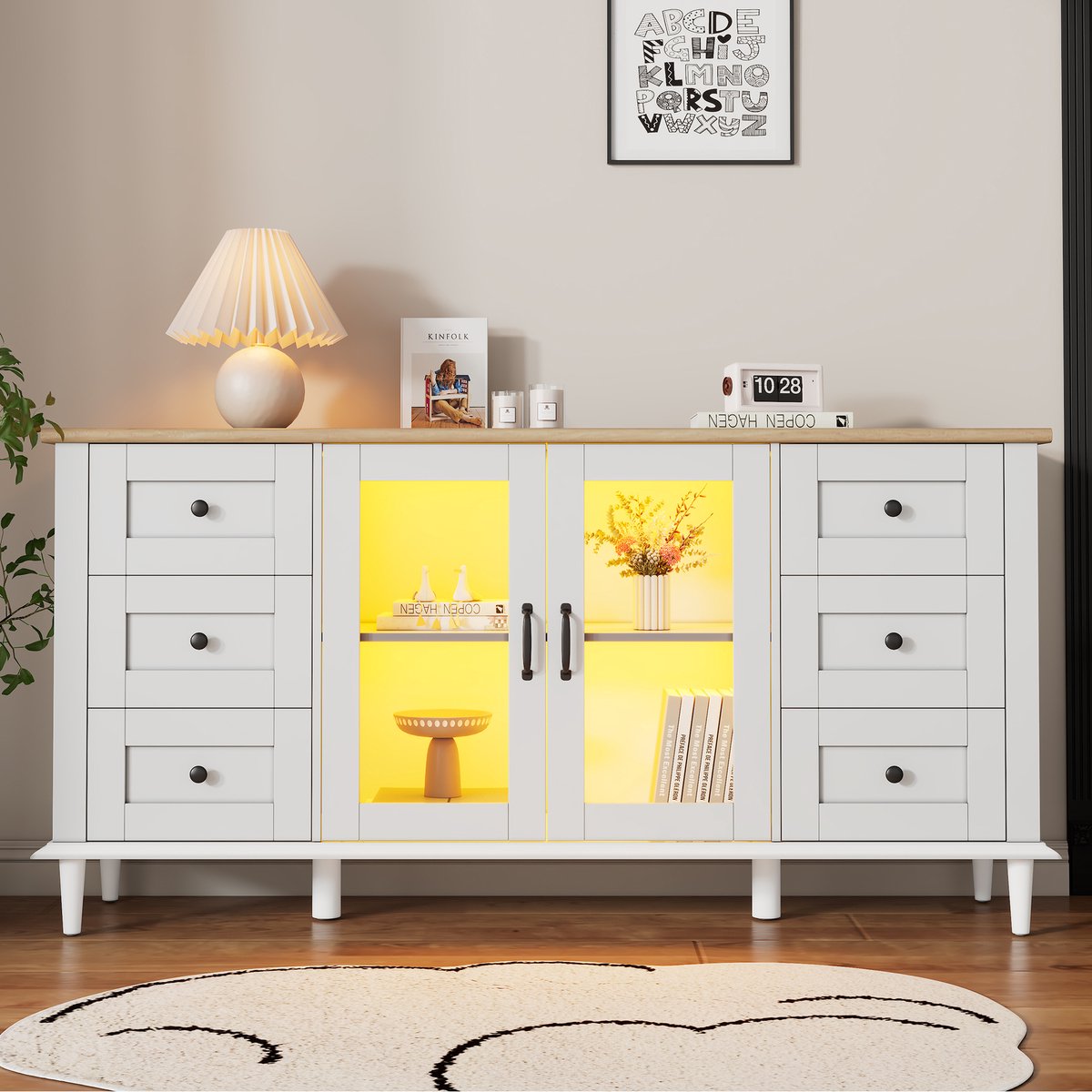 PHOEBE CAT Dressoir - Halmeubel - Acryldeuren - 6 lades - LED-verlichting - Houtnerf - Wit