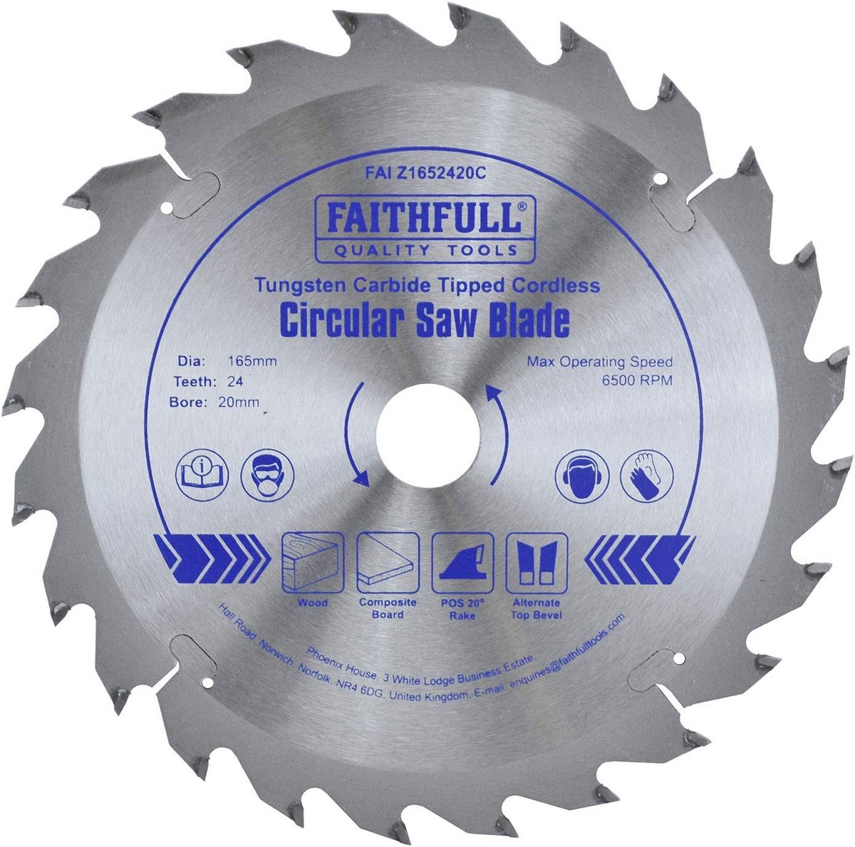 Cirkelzaagblad 165mm 24T 20mm voor Hout en Kunststof