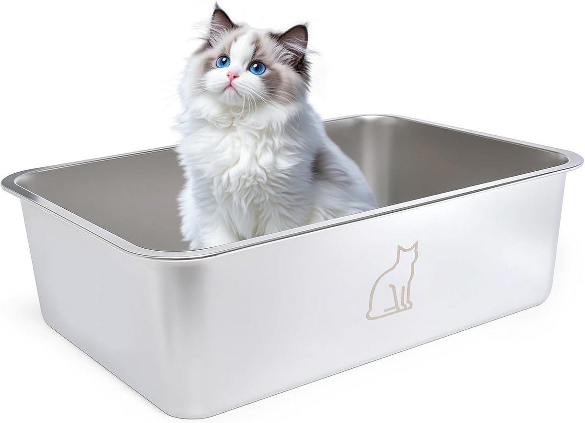 Roestvrijstalen kattenbak met hoge rand voor binnen