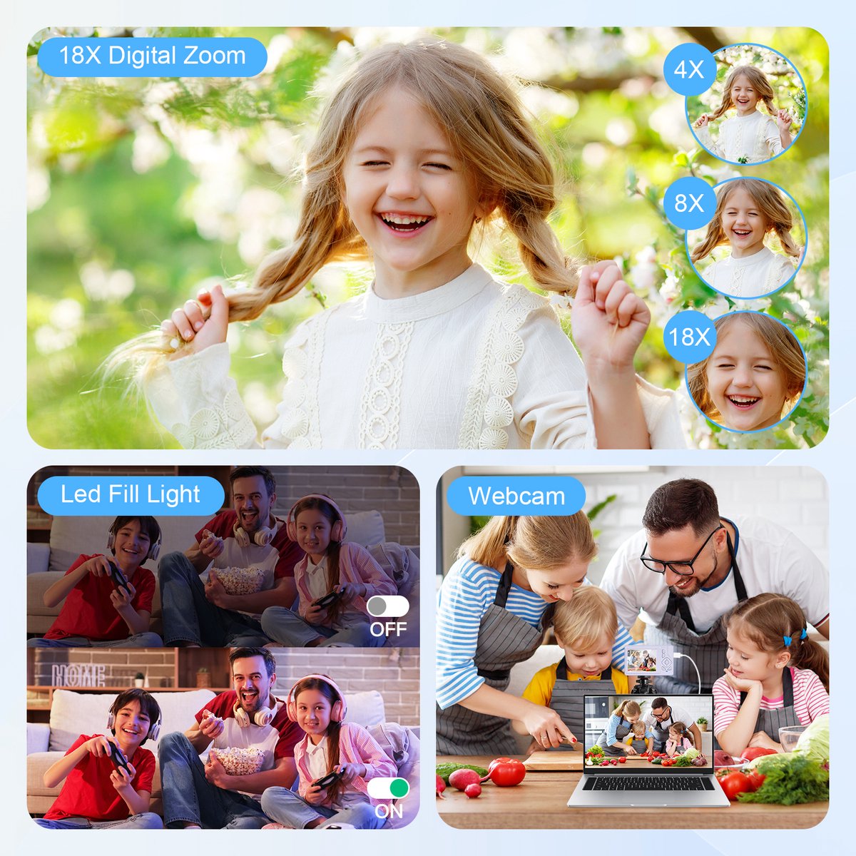 4K Digitale Camera voor Beginners & Kinderen - 48MP Fotocamera met Autofocus - 18X Zoom - Compact Camera met 2.8" Scherm - Inclusief 32GB SD-kaart & Handig Opbergzakje - Paars thumbnail 2