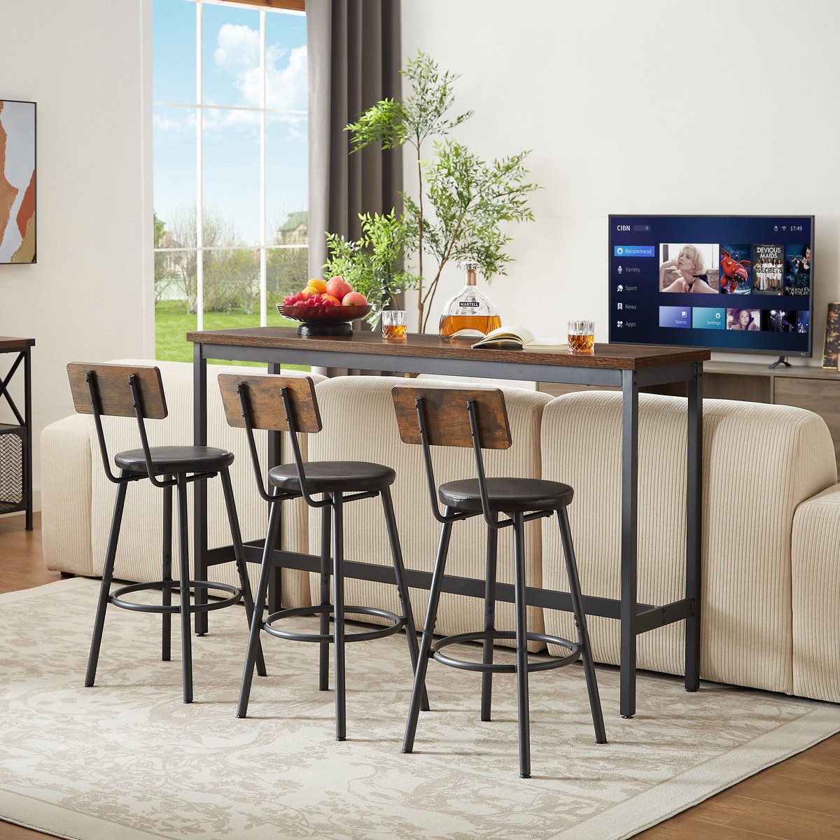 STILVORA Bartafel Set Met 3 Barkrukken Met Rugleuning - Industrieel Voor Keuken En Woonkamer - Spaanplaat En Staal - Rustiek Bruin;Zwart - 160x40x94,5 Cm
