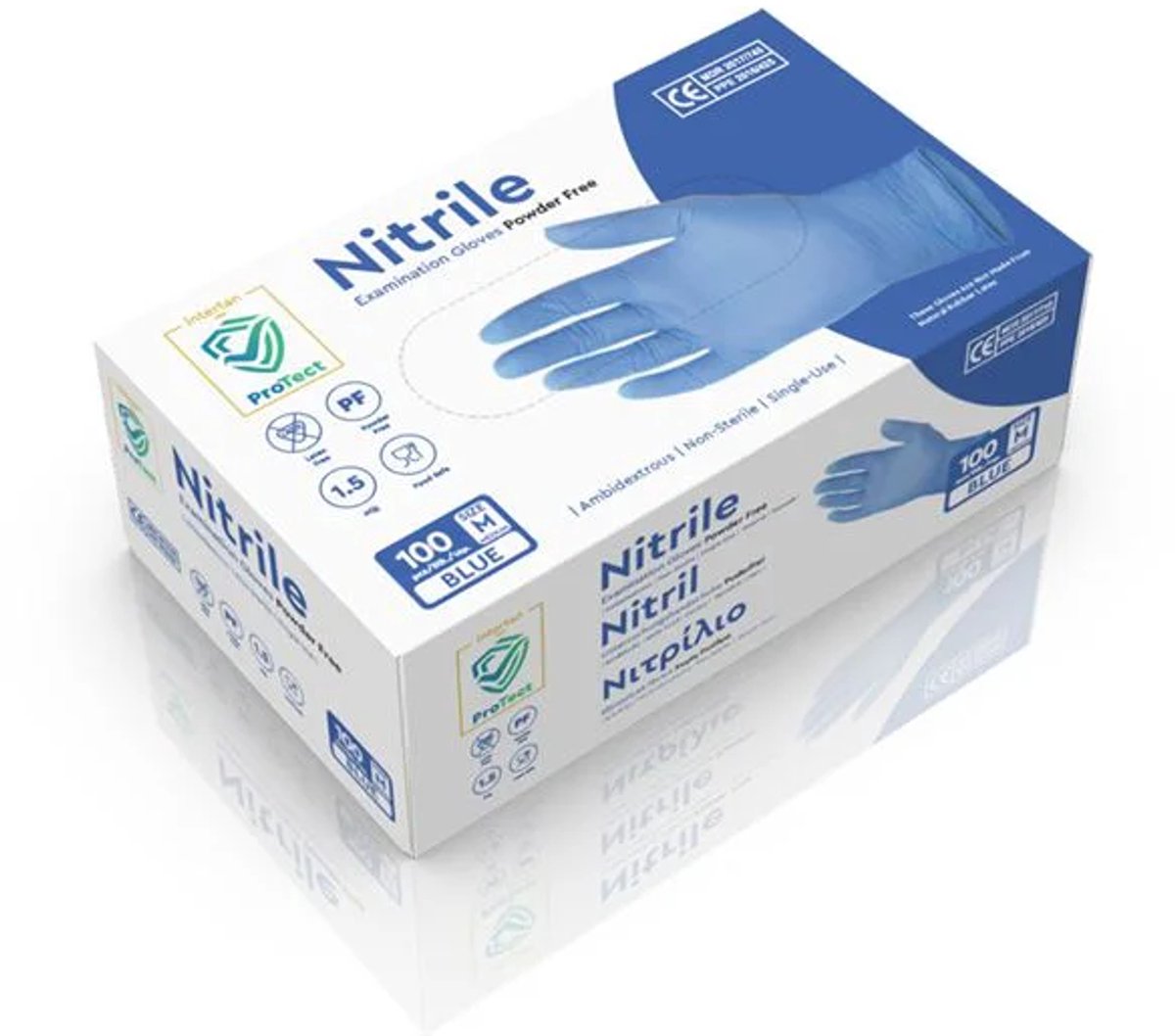 Nitril Handschoenen - PROTECT - Blauw - Poedervrij (MDR PPE III) - M - 100 stuks
