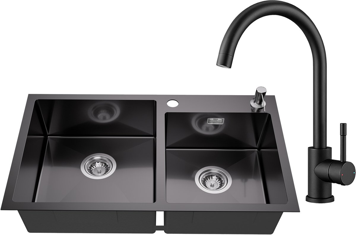 Auralum max Dubbele Spoelbak (75x45cm) Antraciet - Spoelbak Keuken Met Keukenkraan - Duurzaam, Veelzijdig en Geluiddempend - Met zeepdispenser 300ml en Waterafvoersysteem