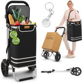 Zwarte boodschappentrolley vol met boodschappen, 56L volume, draagt 50kg. Inclusief winkelmunttje en opvouwbaar.
