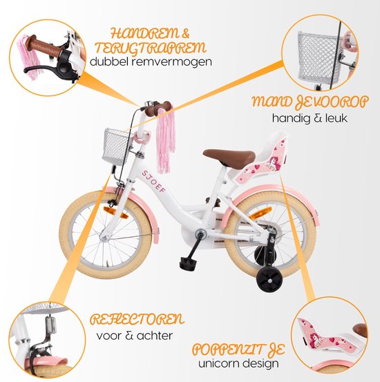 SJOEF Dolly Meisjesfiets 16 inch Roze - Unicorn Design - Kinderfiets met zijwieltjes 4, 5 & 6 jaar - 103-118 Kledingmaat - Witte Fiets 16 inch van SJOEF — afbeelding 4