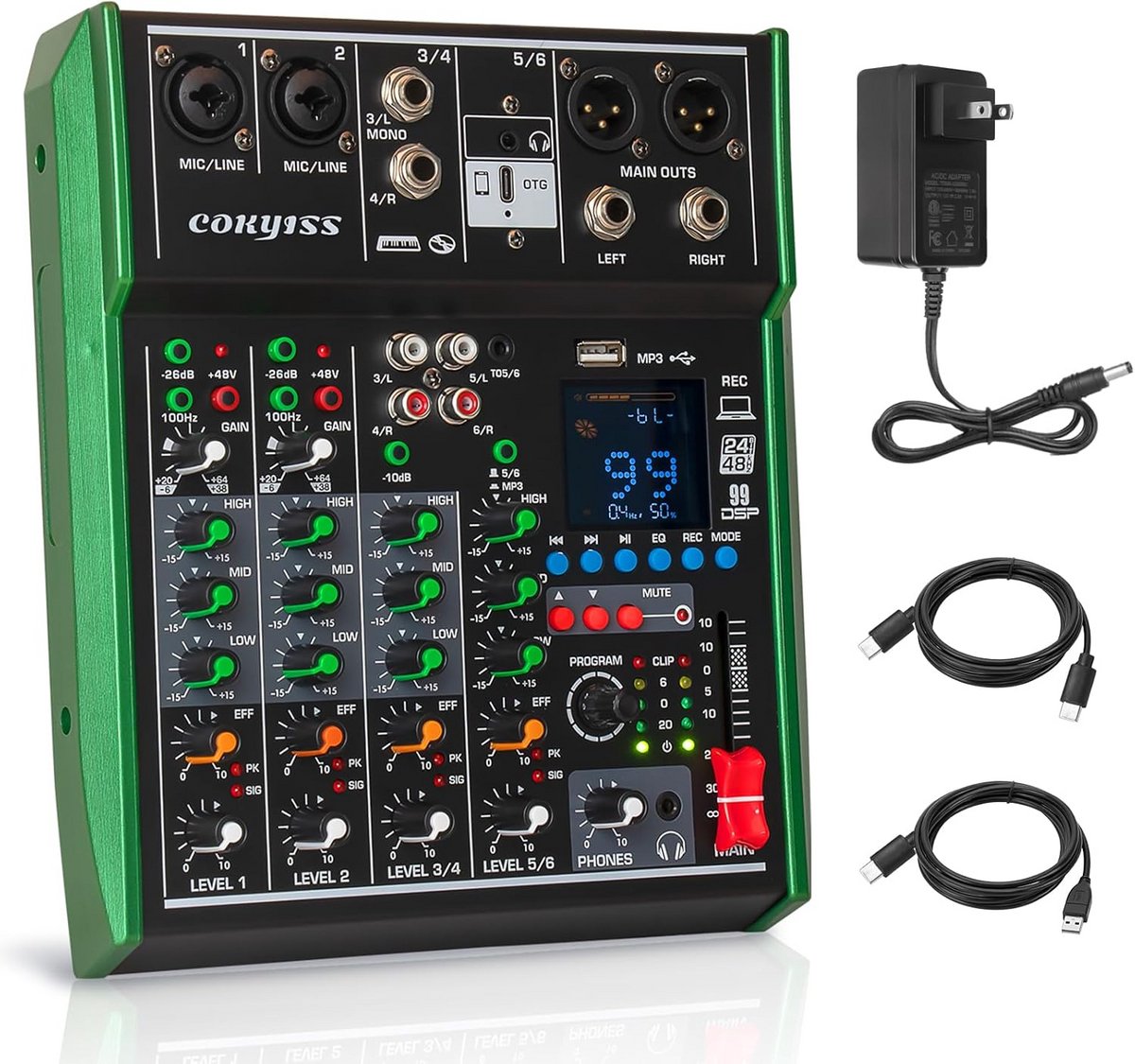 6-kanaals Professionele Audiomixer met USB, Bluetooth en 48V Fantoomvoeding