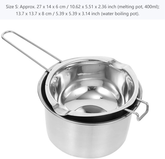 Roestvrijstalen smeltkroes, 400ml, met waterbad-pot. Afmetingen S: 27x14x6cm (smelt) en 13.7x13.7x8cm (water).