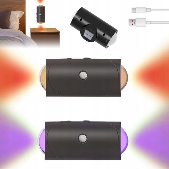 Nachtlampje - Sfeerverlichting - Slimme Nachtlampjes met Sensor - Zwart 1500mAh Oplaadbare LED - 7 Kleuren & Magnetische Montage - 2 Stuks — afbeelding 3