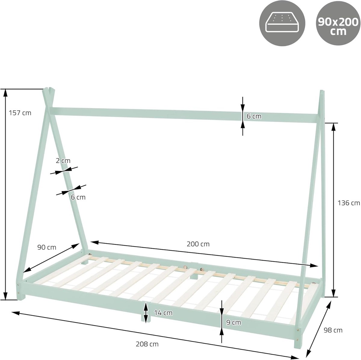 Tipi Kinderbed 90x200 cm – Casa Velluto MintAdventure® Mintgroen – Massief Grenen Houten Huisbed met Lattenbodem – Speelbed & Kinderbed voor Jongens en Meisjes 3-9 Jaar