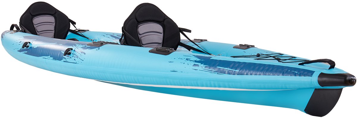 Opblaasbare kajak voor 2 personen, duurzame recreatieve kajak met een draagvermogen van 317 kg, lekbestendig ontwerp, gewatteerde stoelen, PVC-vloer met drop-stitch-technologie, inclusief 2 peddels, handpomp en draagtas voor vissen en kamperen