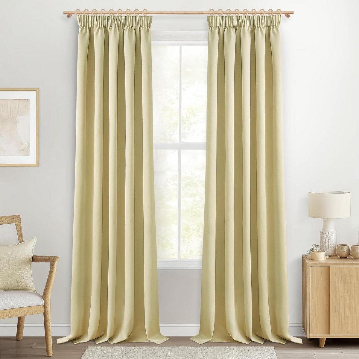 Set van 2 Beige Verduisterende Gordijnen met Plooidband, 140x260 cm, Woonkamer en Slaapkam