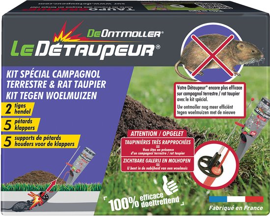 Verpakking van "Le Détaupeur" Kit spécial campagnol terrestre & rat taupier kit tegen woelmuizen, met afbeelding van een woelmuis en rat.