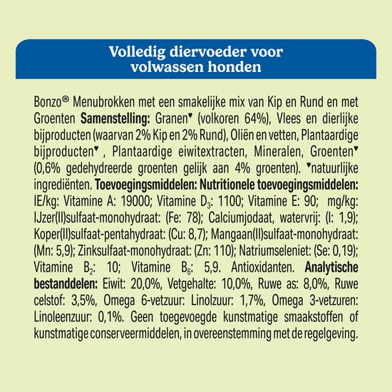 Bonzo Menubrokken Adult - Hondenvoer Droogvoer - Kip & Groenten - 15 kg