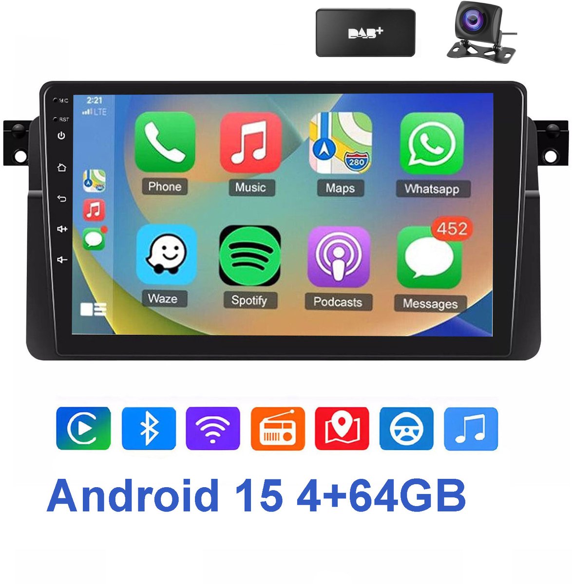 ESSGOO 9 inch Carplay radiogeschikt voor BMW 3 Serie E46 en Rover 75 MG ZT 1998 - 2006 - 4GB + 64GB - Autoradio met navigatie - radio scherm - Android 15 - radio scherm - Bluetooth WIFI RDS FM - Achteruitrijcamera - DAB+