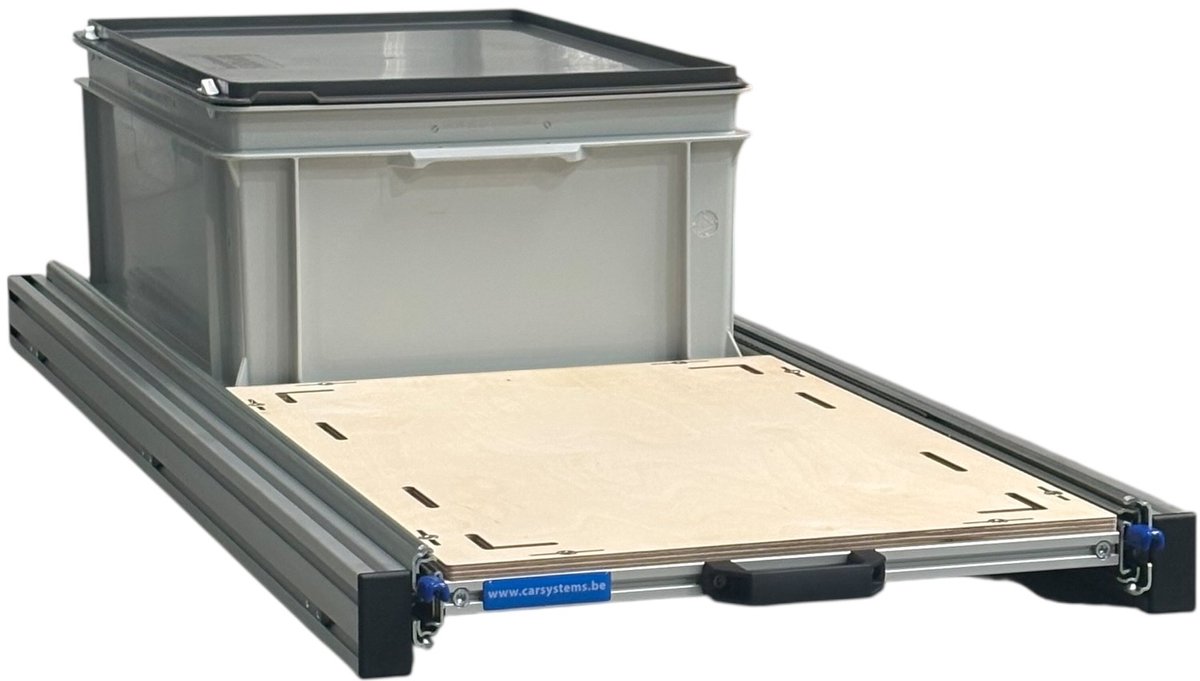 Schuifframe aluminium voor camper 120x40 cm inclusief 1 bak met deksel en multiplex berk 9 mm bovenplaat