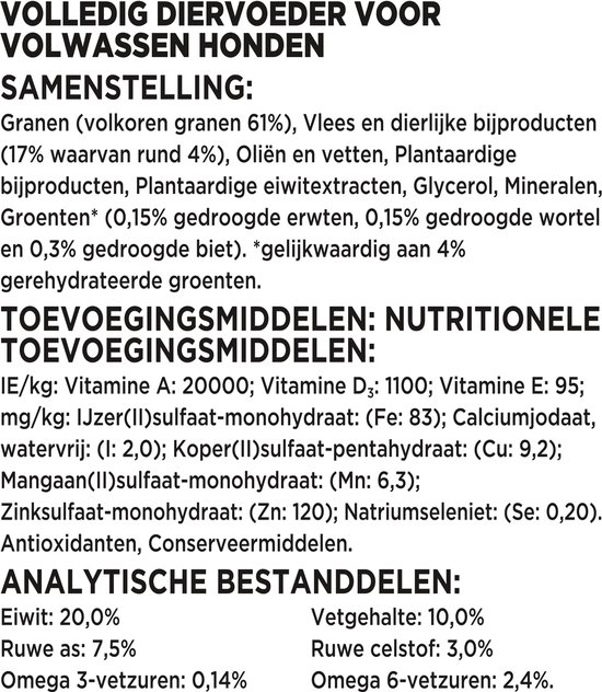Ingrediëntenlijst en voedingsadvies voor Beneful Original hondenvoer.