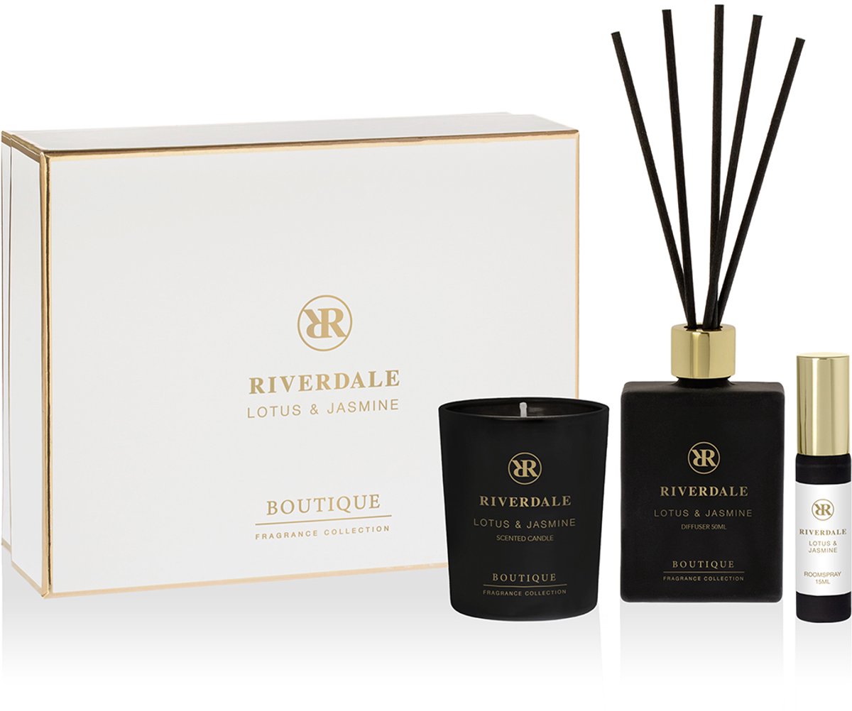 Riverdale - Geschenkset - Lotus & Jasmine - Small - Wit - Geurstokjes, geurkaars en huisparfum