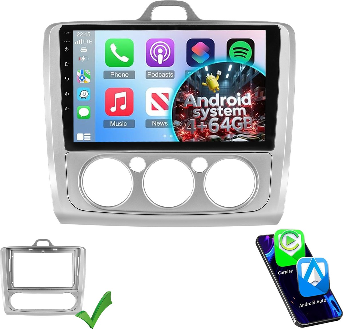ESSGOO Carplay Autoradio voor Ford Focus 2004 t/m 2011 - Android 15 - Draadloos Apple Carplay & Android Auto - 4GB + 64GB - GPS & Wifi