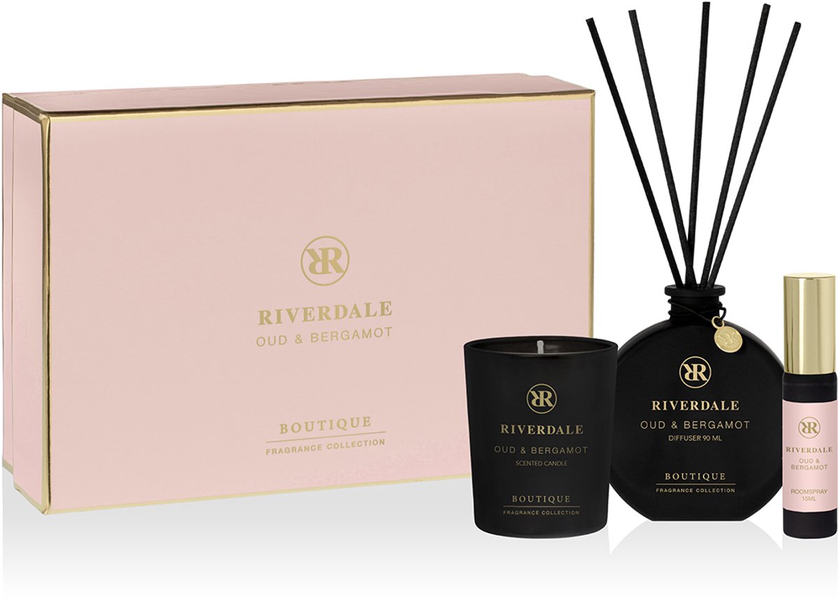 Riverdale - Geschenkset - Oud & Bergamot - Medium - Roze - Geurstokjes, geurkaars en huisparfum