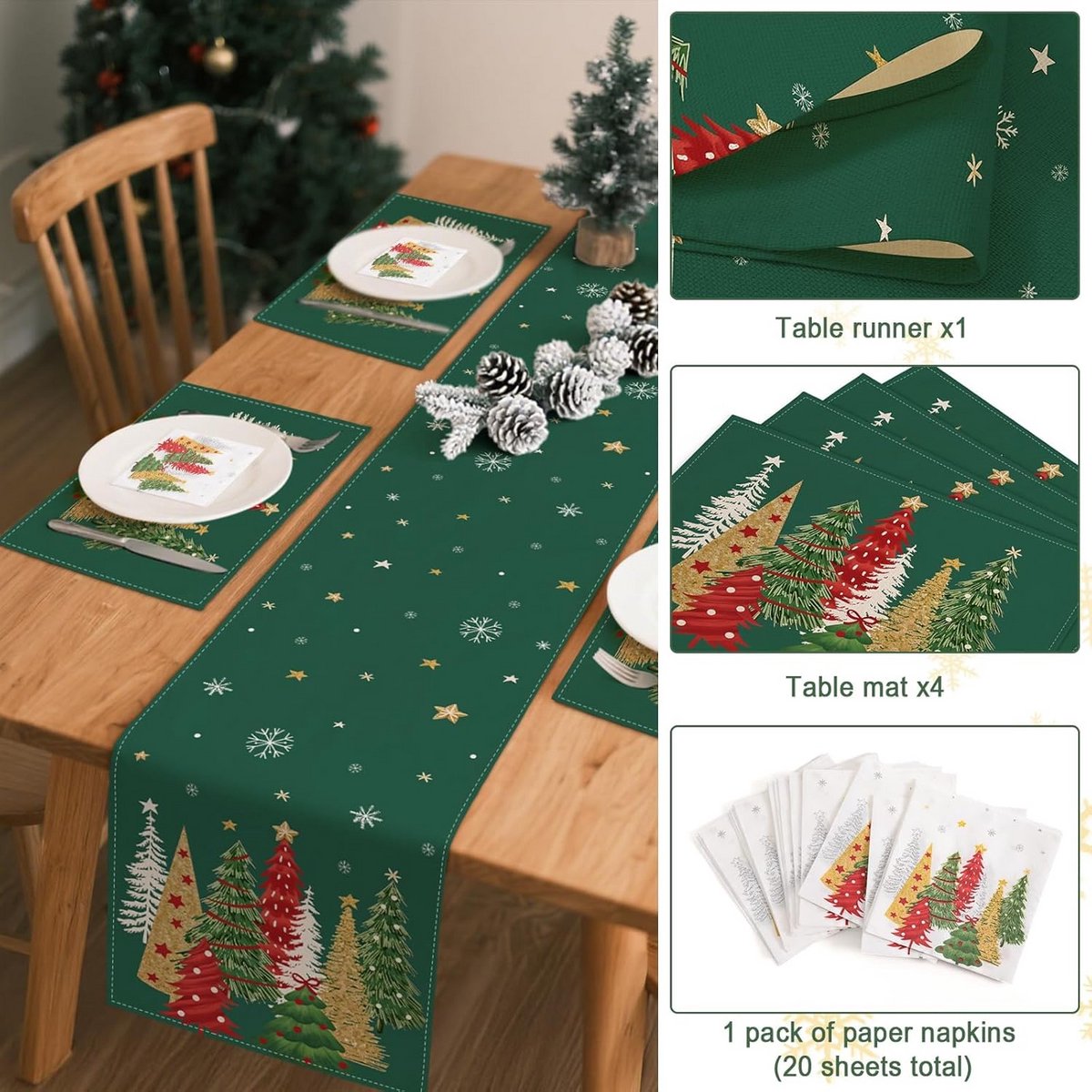 Complete Kerst Tafeldecoratie Set met Tafelrunner en Servetten - Feestelijk Groen Design