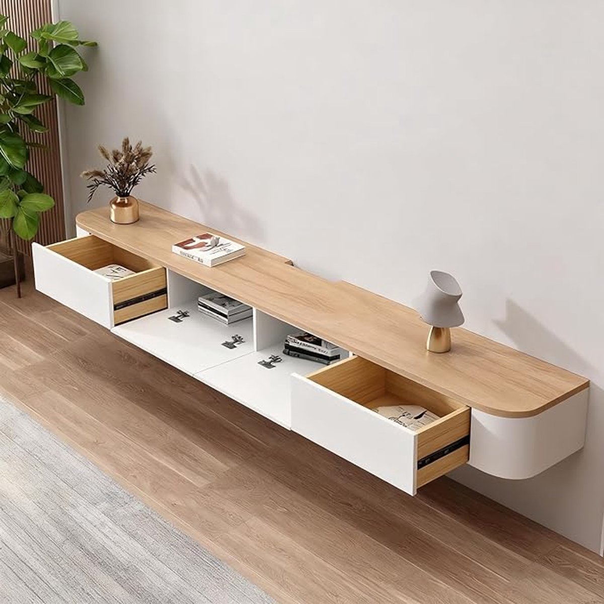 Zwevend TV Meubel 180x24x20 cm – Modern Beige TV Kast met 2 Laden en Klepdeur – Hangende TV Tafel met Kabelmanagement voor Woonkamer & Eetkamer – Abkantoor