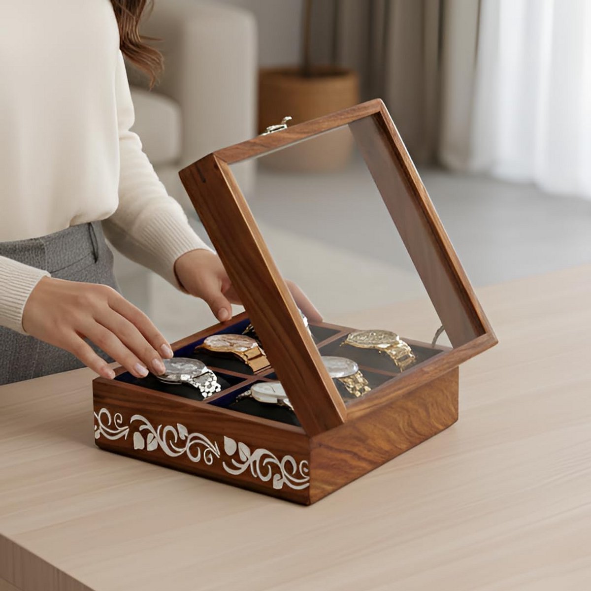 Luxe Houten Horlogedoos met Glas deksel voor 6 Horloges - Vintage Opbergkist