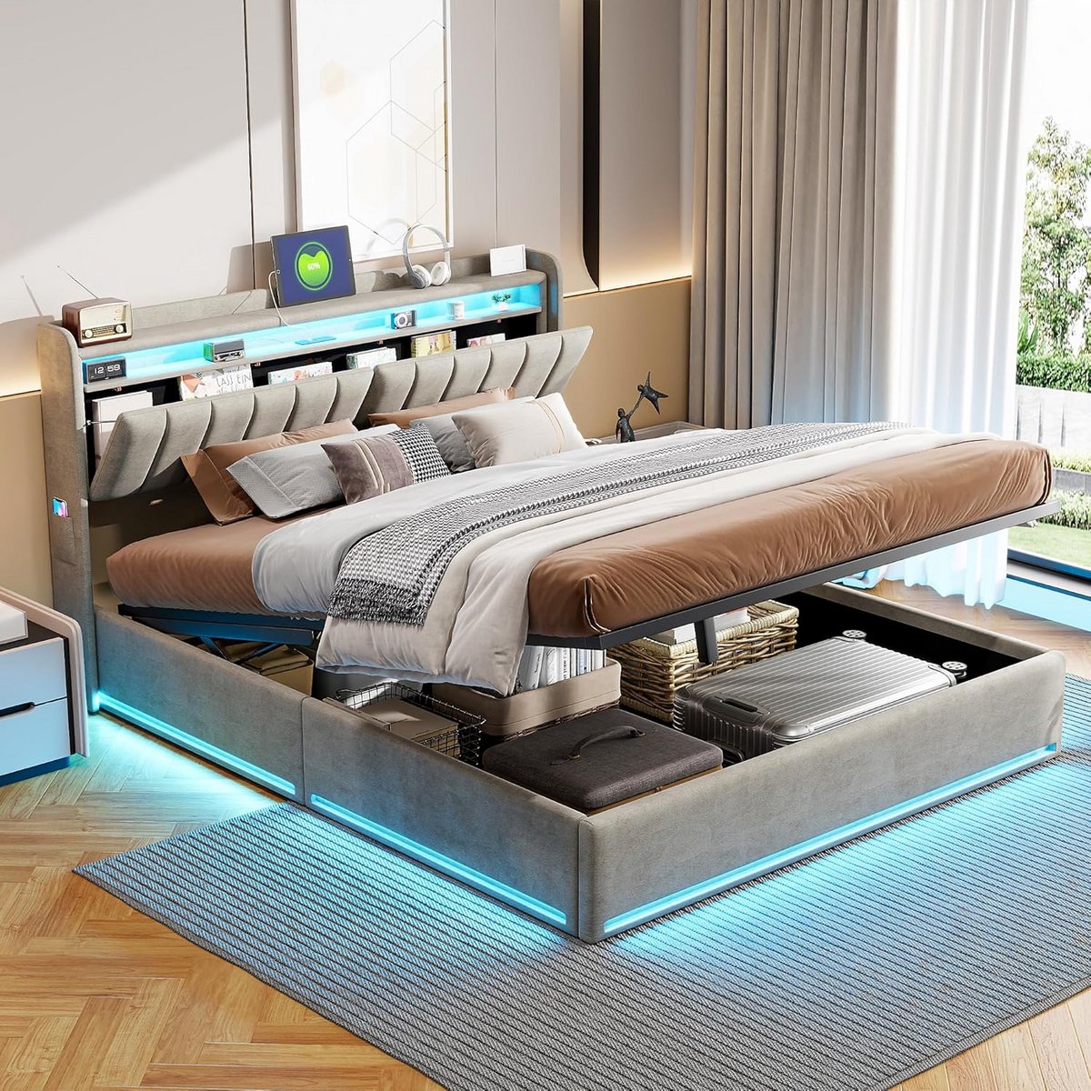Gestoffeerd Tweepersoonsbed 160x200 met Opbergruimte en LED Hoofdeinde