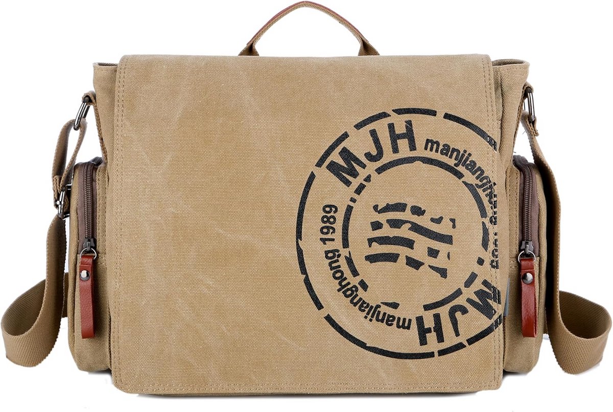 Grote canvas schoudertas voor heren voor laptop tot 13,5 inch