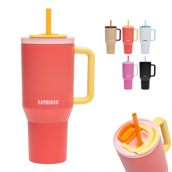 Kambukka Rio - Gobelet 950ml - Gourde Papaye Pink avec Paille Télescopique - Anti-fuite - Sans BPA