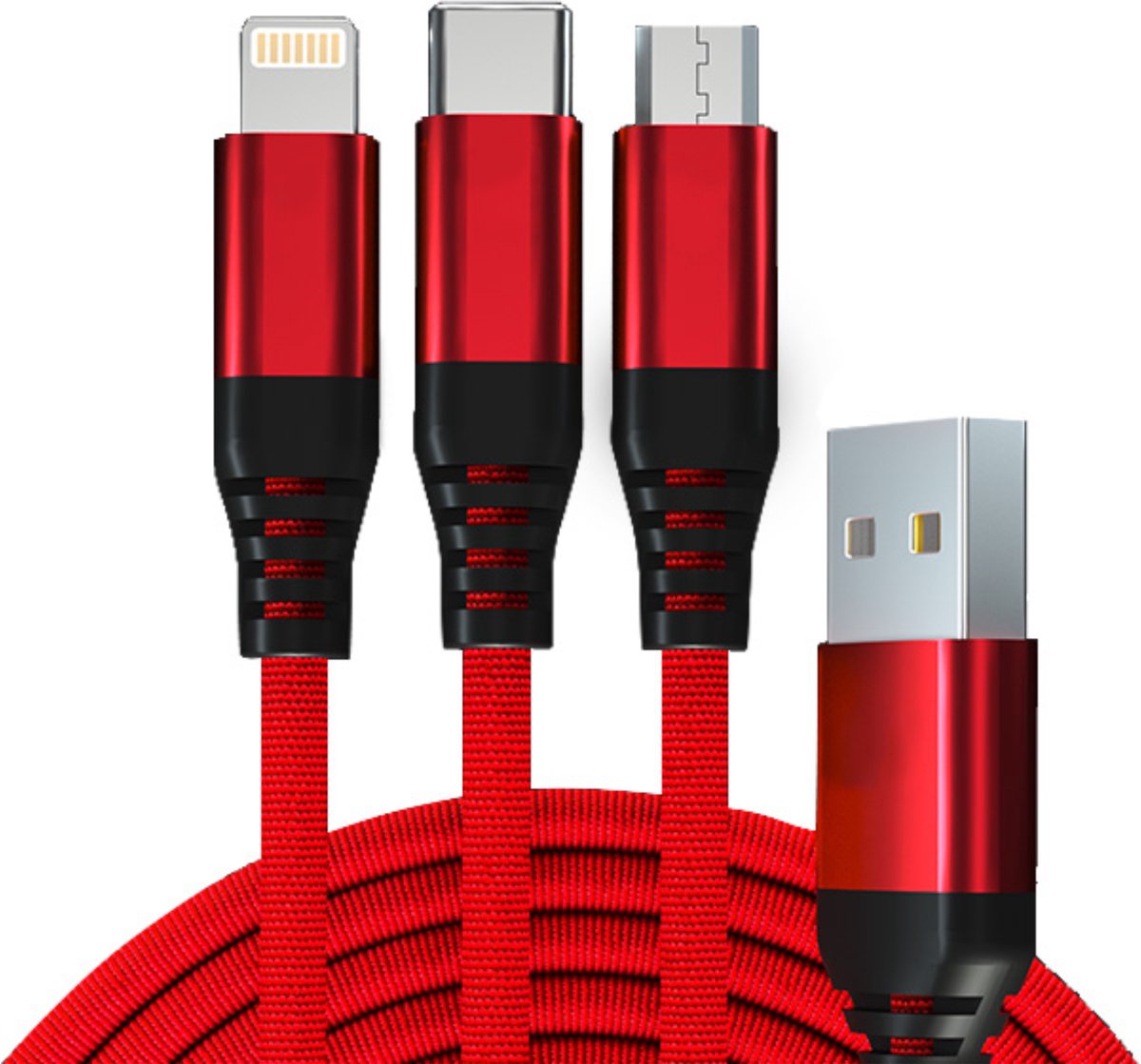 DM 3 in 1 Universele Laadkabel - USB A naar USB C Lightning Micro - Snellaad 1.2M Nylon