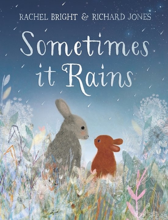 Boek "Sometimes it Rains" met twee konijnen in een veld met bloemen en vallende regen.