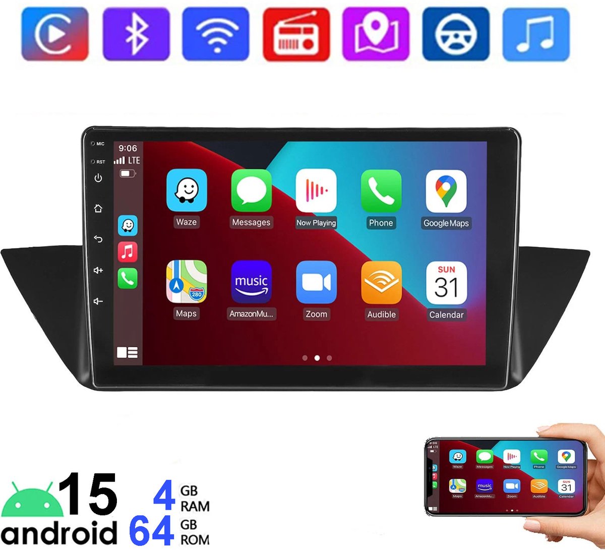 ESSGOO 10 inch CarPlay autoradio geschikt voor BMW X1 E84 2010-2015 - Draadloos Apple CarPlay & Android Auto - 4GB + 64GB - Android 15 - Bluetooth WIFI RDS FM