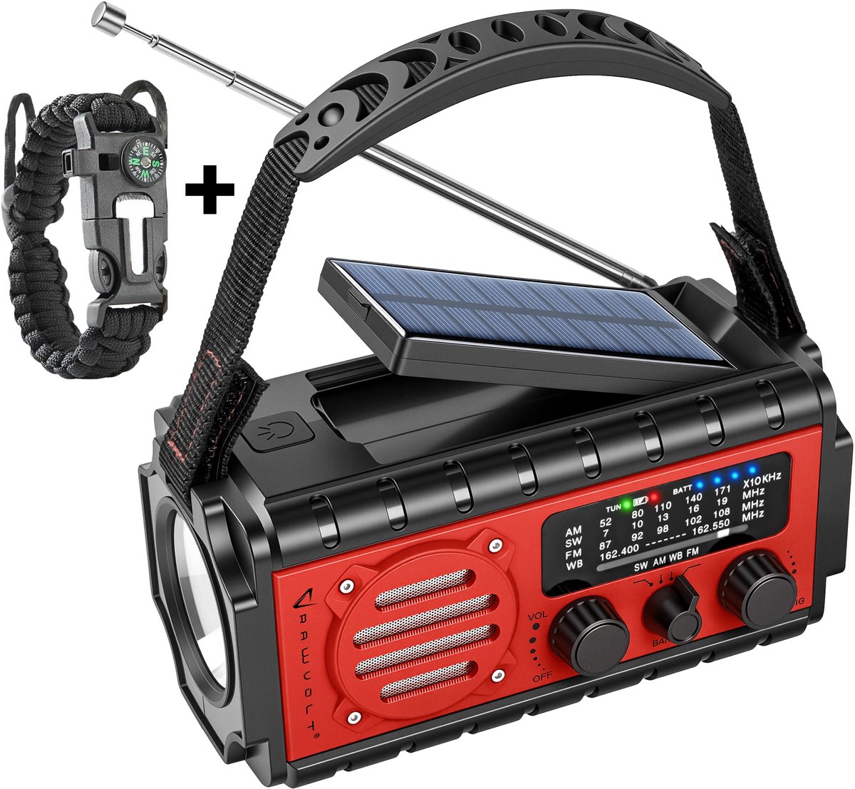 RAWVOLT® - NIEUW - Noodradio SW20K - 20000mAh Li-ion Accu - Solar Opwindbaar - Powerbank, Zaklamp, SOS Alarm & Leeslamp - 2026 model voor indoor, outdoor en in noodpakket - incl. Multi-Function Survival Armband - Tuscan Red