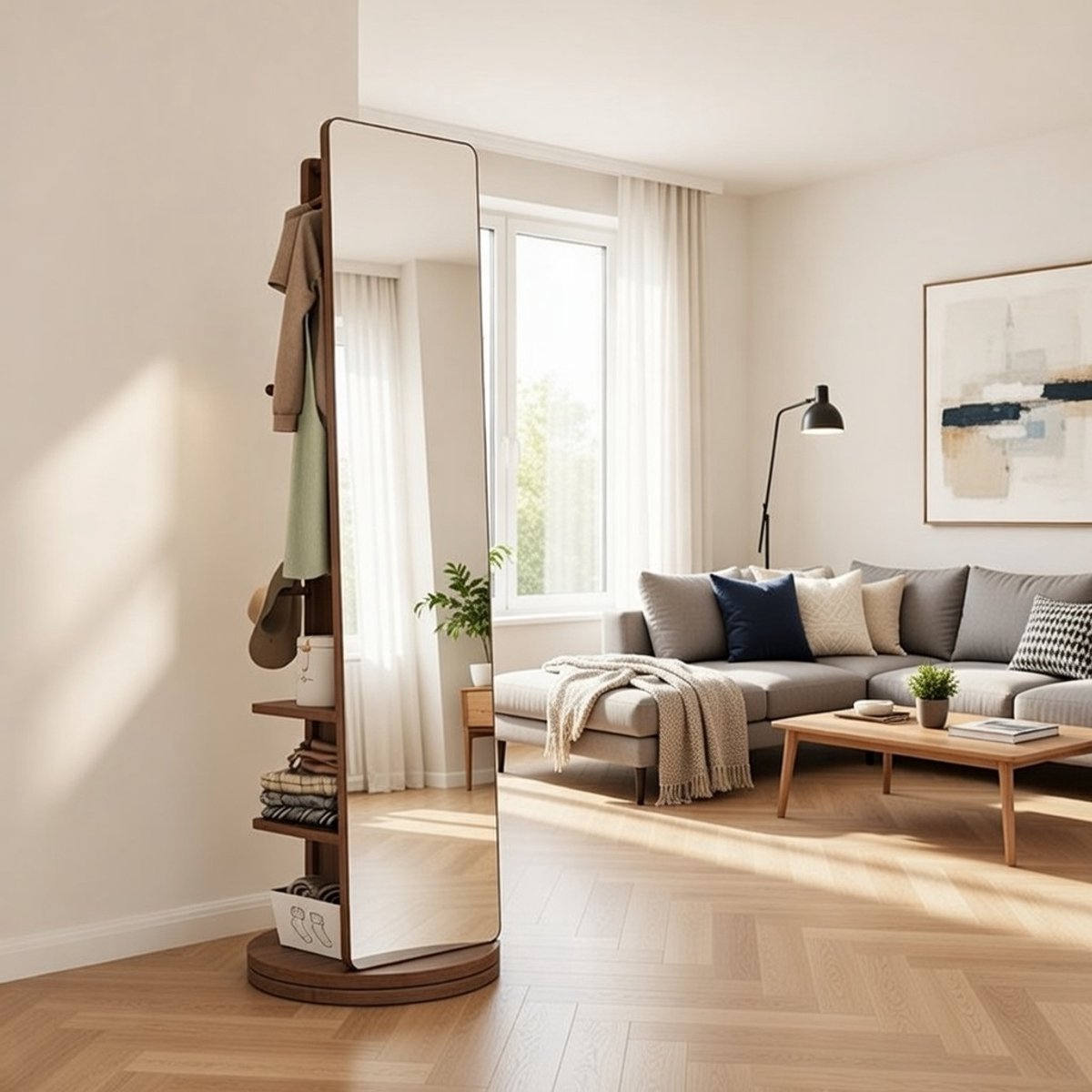 Draaibare Massief Houten Spiegel met Kledingrek - 3-Laags Opbergrek - Full-Body Vrijstaande Spiegel - 360° Draaibare Basis - Modern Design voor Slaapkamer, Woonkamer van Gang - Bruin Casa Serena – ...