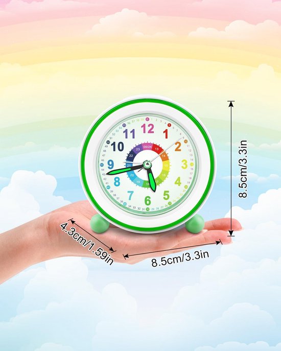 Kinderwekker Analoog Stil Stil Leren Wakker Worden met Nachtlampje en Snooze Groen — afbeelding 3