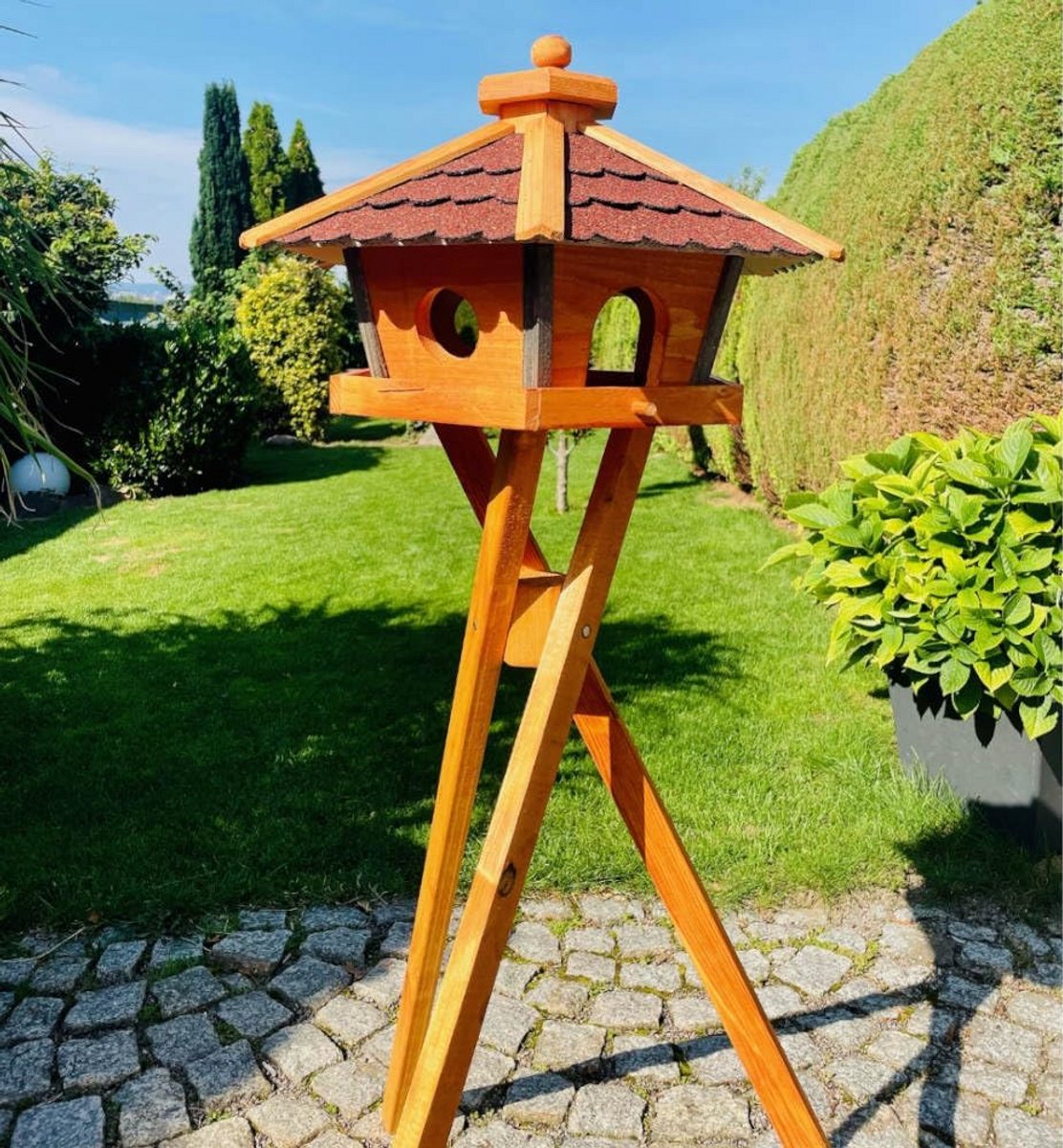Houten Vogelhuis Voederhuis Zeshoekig XL met Standaard - Weerbestendig Voederstation