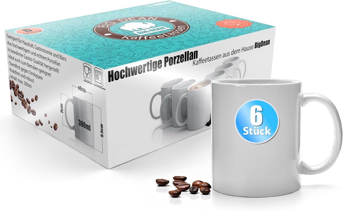 Set van 6 Witte Porseleinen Koffiekopjes 300 ml in Luxe Geschenkverpakking