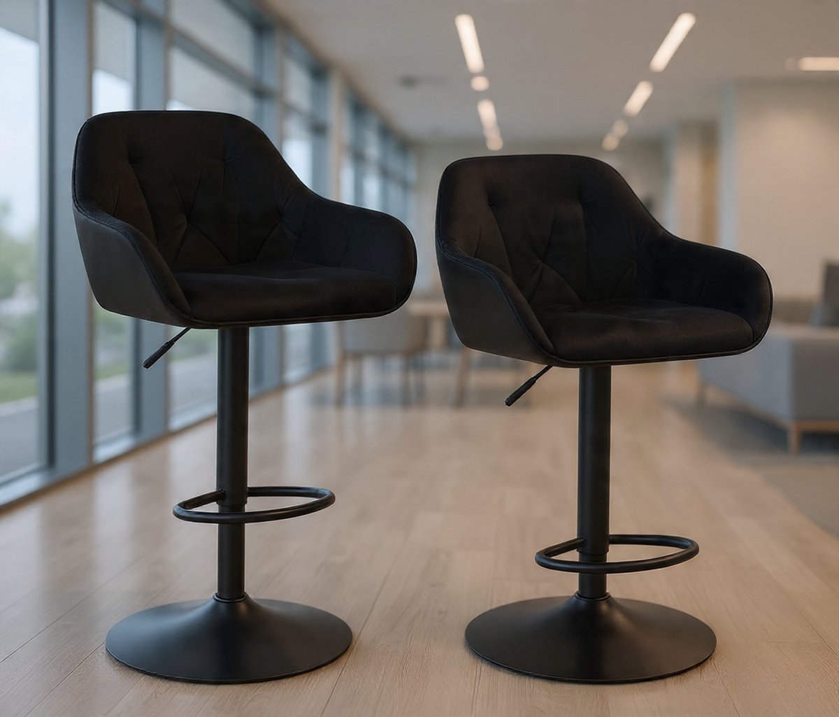 Luxe Velvet Barkrukken Set van 2 – Hoogte Verstelbaar 62,5-84 cm – 360° Draaibaar – Zwarte Barstoelen met Rugleuning, Armleuningen & Voetensteun – Moderne Keuken- & Barstoelen-Casa Serena – 84 cm –...