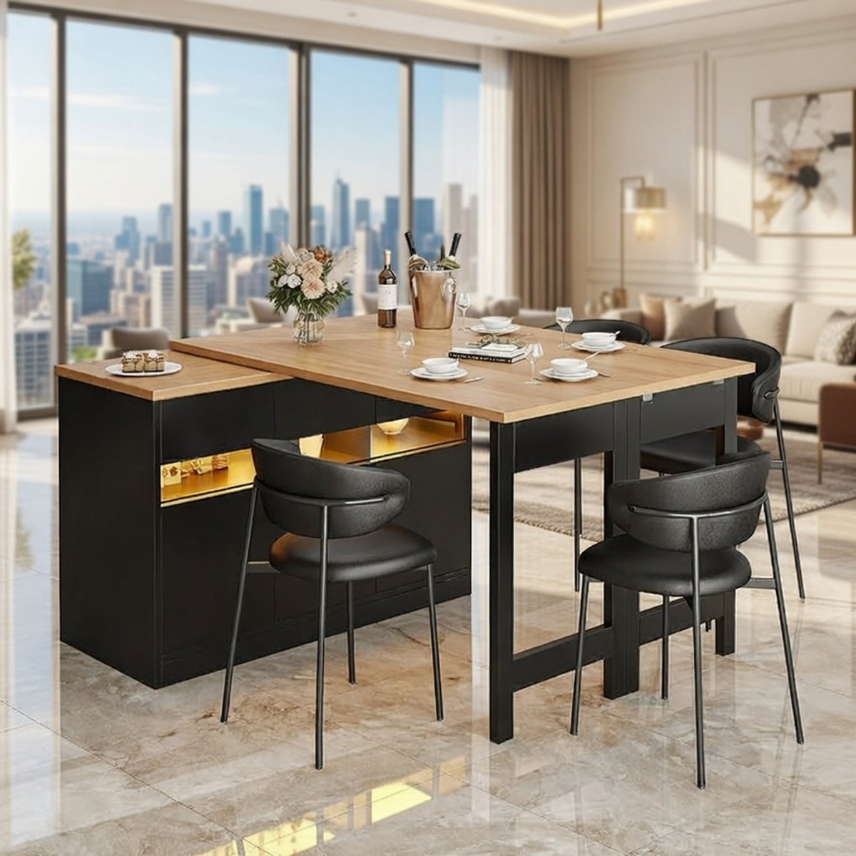 Uittrekbare LED Bartafel & Opbergtafel – Verstelbare Keukentafel 120-180 cm met 360° Draaifunctie, Modern Design, Multifunctioneel voor Woonkamer, Eetkamer en Thuiskantoor, Incl. Opbergruimte en Ap...