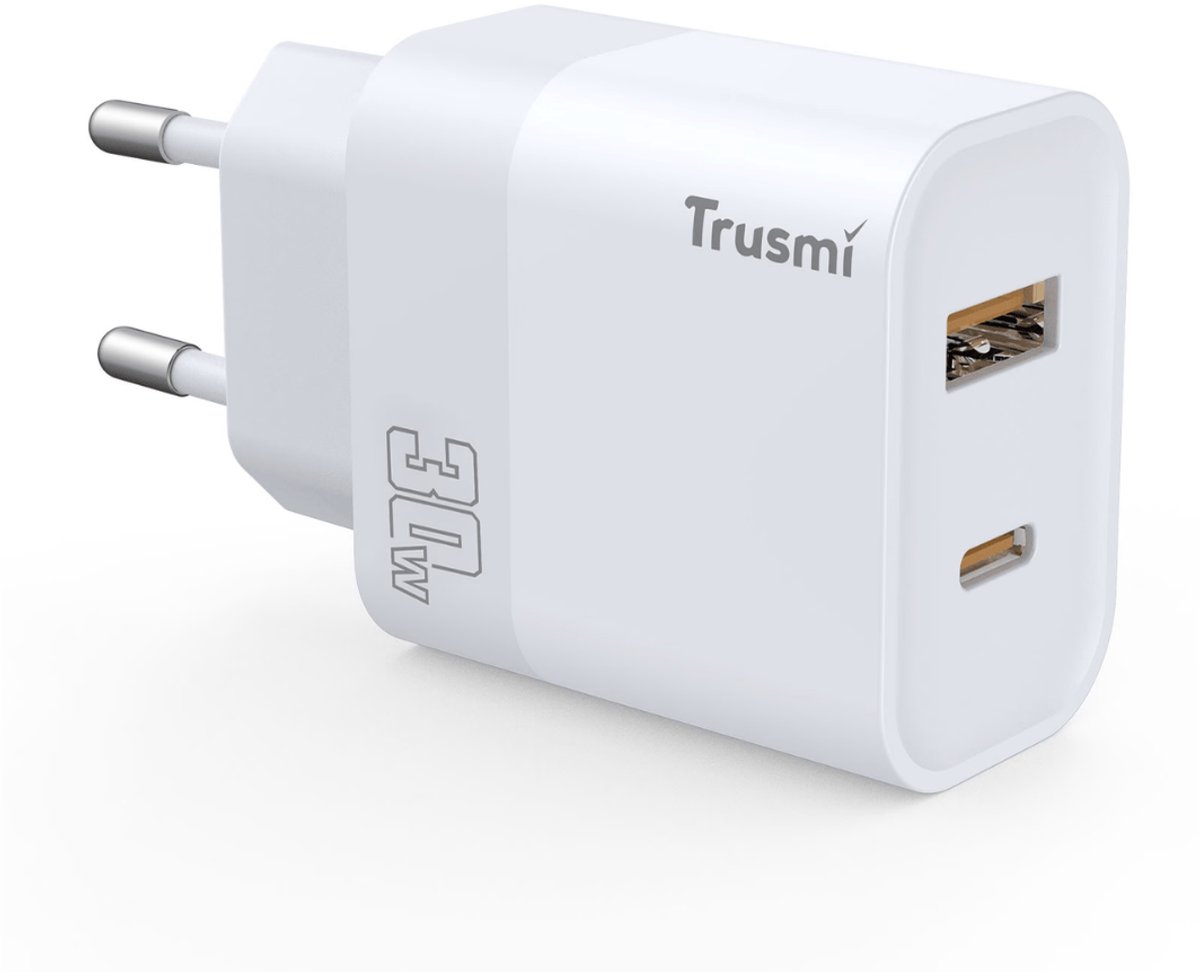 Trusmi | 30W USB‑C Snellader | EU Adapter | 1x USB‑C & 1x USB‑A | Snelle Oplader voor Smartphone en Tablet | Wit