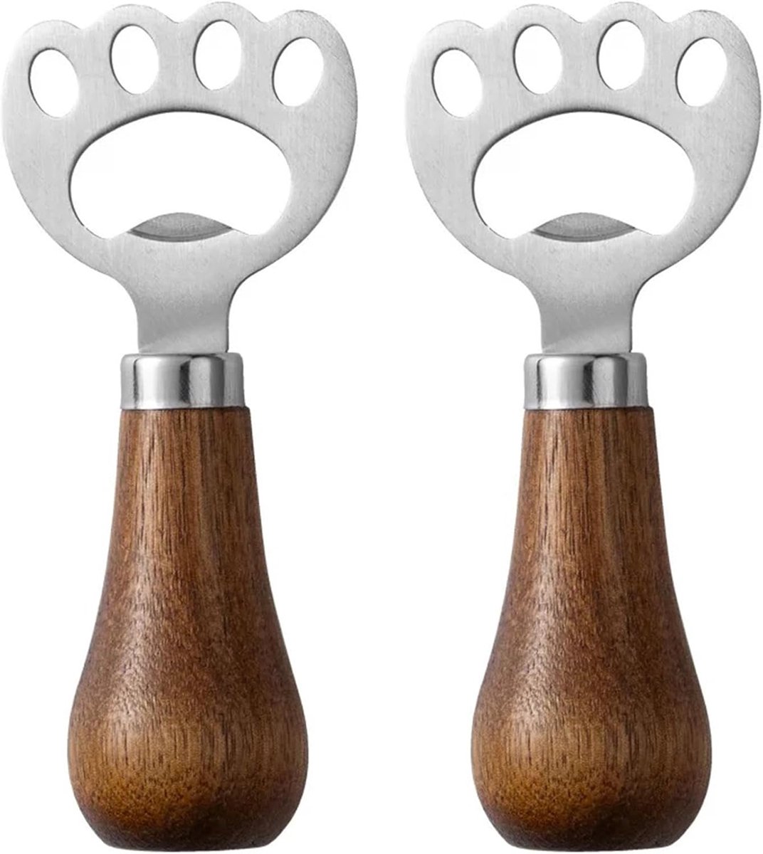 2 Stuks Bierflesopener met Houten Handvat, Roestvrij Staal
