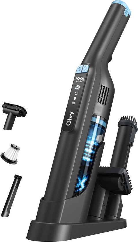 Zwarte Olvy kruimeldief met oplaadstation, LCD display en accessoires.