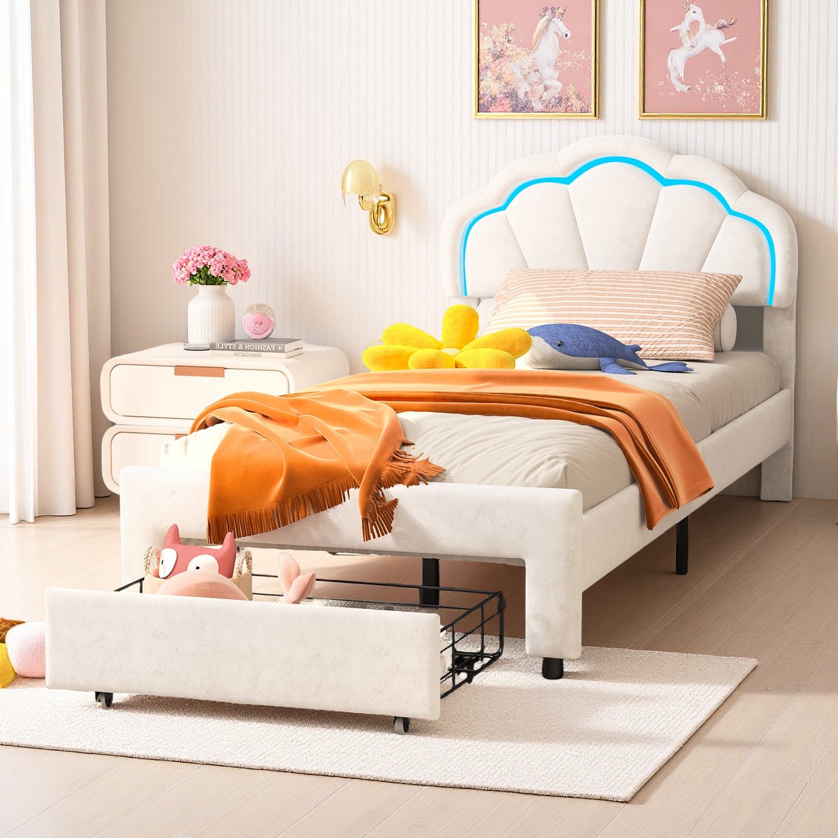 ROSAHQNDA Kinderbed 90x200cm met ledverlichting en lades, schelpvormig gewatteerd bed voor kinderen en tieners, wit wit-schelp bed