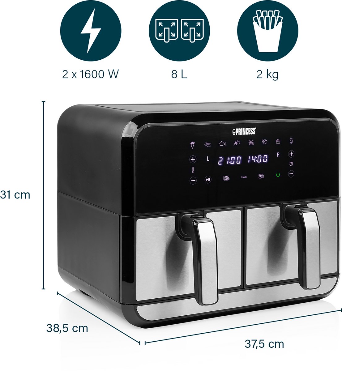 Princess Double Basket Airfryer 182074 - Dubbele Airfryer - 9 liter - 2 manden - XL - 8 programma's- 2400W - Dubbele heteluchtfriteuse - PFAS vrij - Touchscreen - RVS/Zwart - Sync functie — afbeelding 4