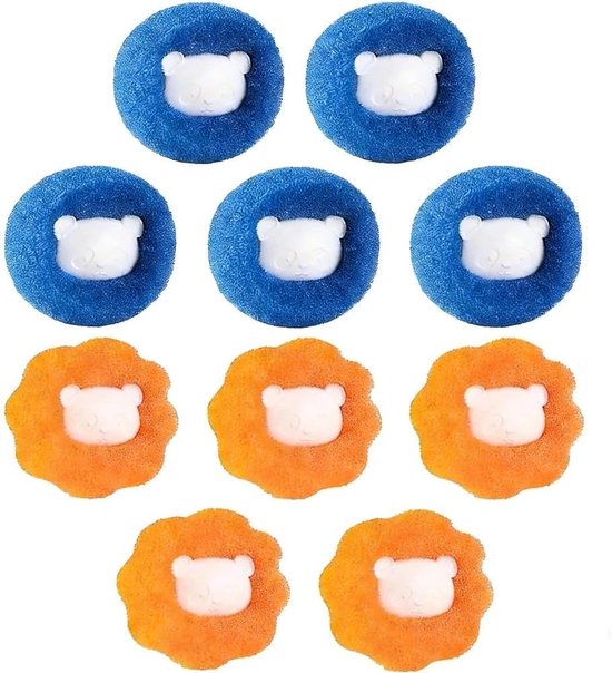Huit boules de lavage : cinq bleues et trois oranges, chacune avec un visage de panda blanc.