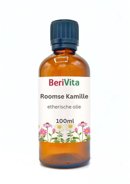 Amberkleurige fles met een donkerblauwe dop, met het label BeriVita Roomse Kamille etherische olie 100ml en een illustratie van bloemen.