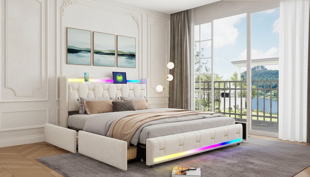 Gestoffeerd Bed 160x200 cm met Bluetooth Speakers, LED Verlichting, USB & Type-C Oplaadstation – Casa Velluto Luxe Tweepersoonsbed met 4 Opberglades, Fluwelen Hoofdbord en Houten Lattenbodem – Modern Bedframe Beige