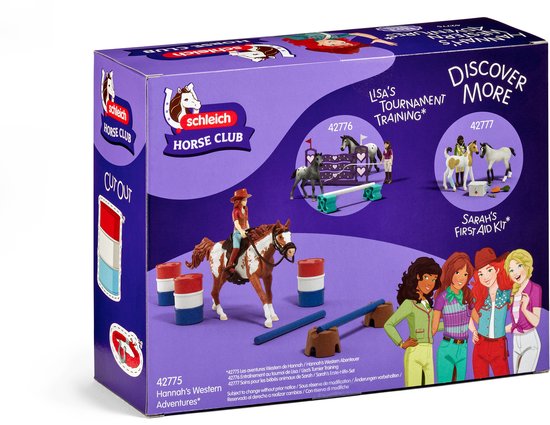 Schleich Horse Club doos met Hannah's westernavontuur, illustraties van figuren en paarden, en speelsets.